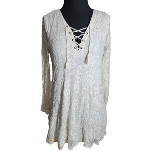 Forever 21 White Lace Boho Dress long sleeve sz L